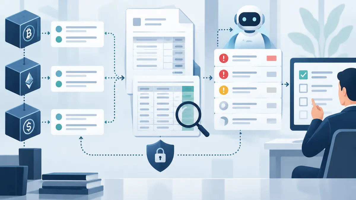 Illustration connecting stablecoin transaction records with invoices, an exception queue, and human review